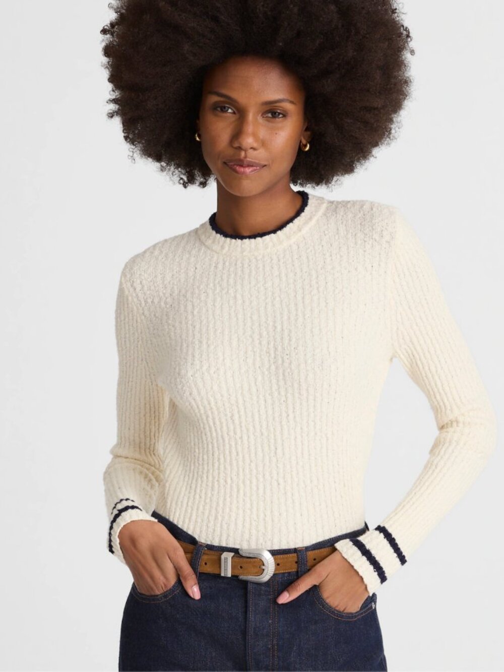 NWT Madewell Bouclé-Knit Crewneck Sweater | cream and navy | Size XS